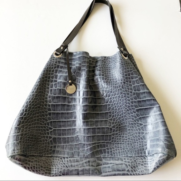 Fiore Italy Womens Blue Leather Croc Embossed Large Leather Adjustable Bag - Picture 2 of 16